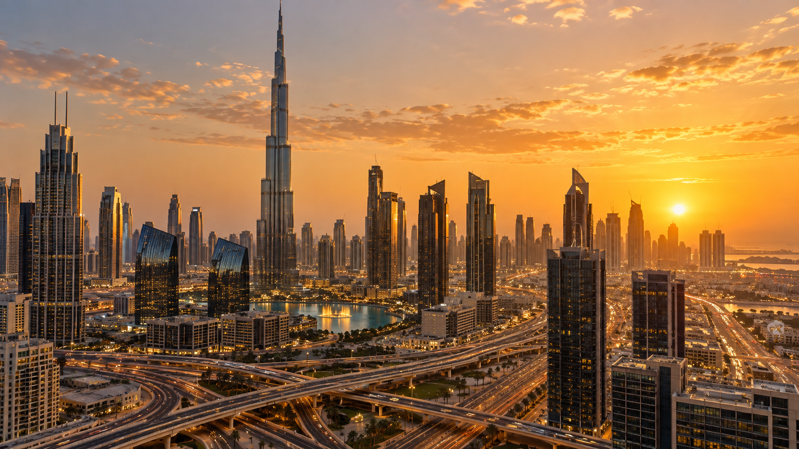 Dubai skyline at sunset, illustrative image