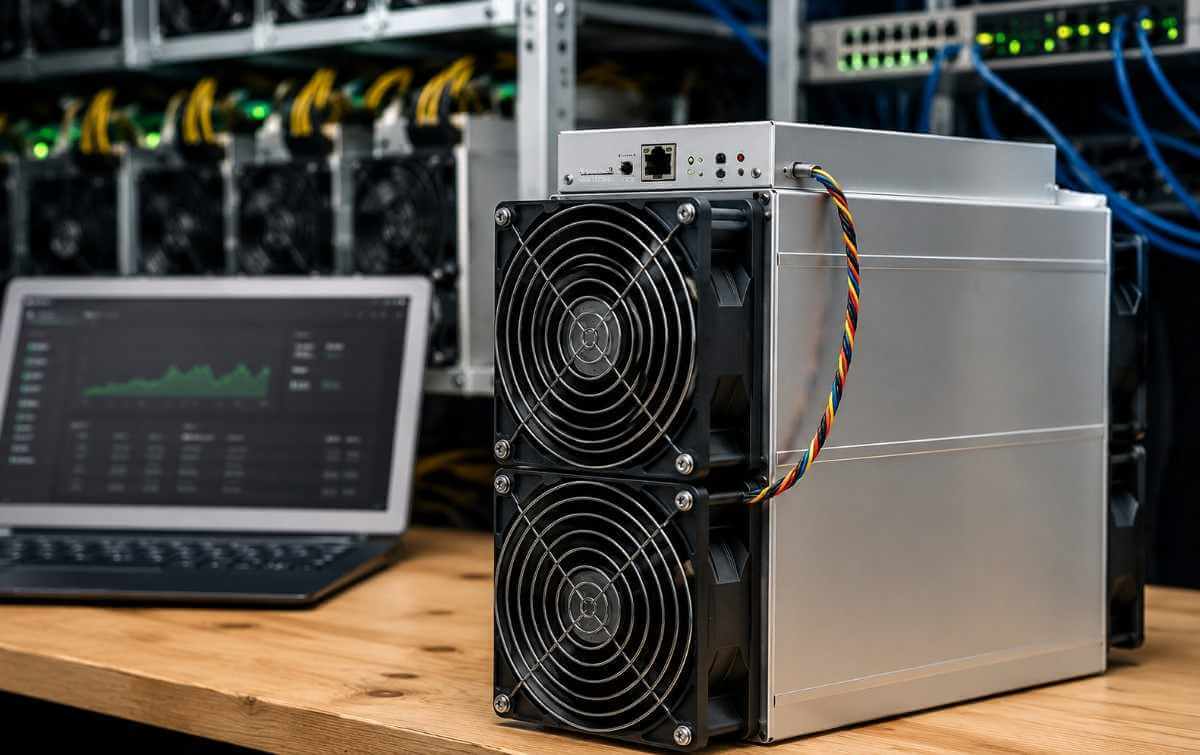 Bitmain Antminer S21 ASIC miner ready for Bitcoin mining configuration on a secure network.