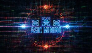 Hosted ASIC mining visual showing industrial crypto mining hardware and data grid