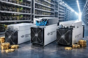 High-performance Whatsminer mining machines displayed in a modern Bitcoin mining farm