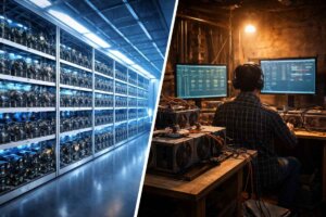 Crypto hosting vs self mining comparison showing data center mining and home setup