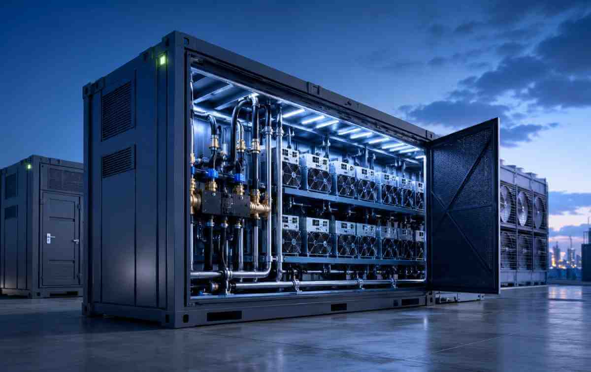 Antminer ANTRACK modular crypto mining infrastructure with hydro-cooled ASIC miners in a modern mining facility